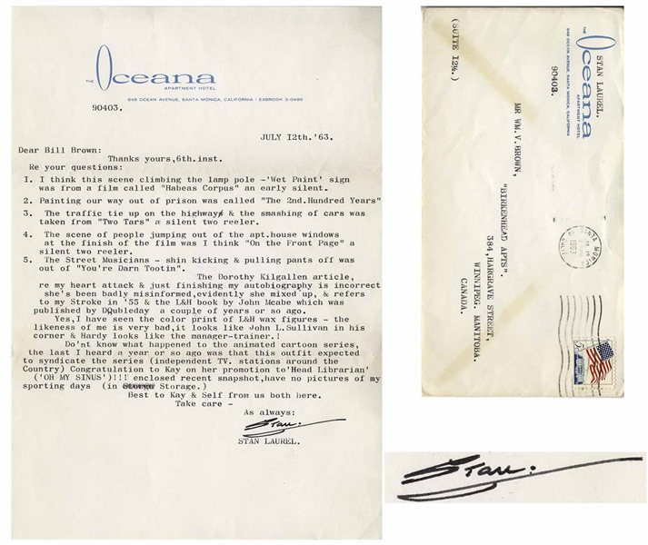 Stan Laurel Letter Signed With Answers to Questions About the Laurel & Hardy Movies -- ''...The Street Musicians - shin kicking & pulling pants off was out of 'You're Darn Tootin'...''
